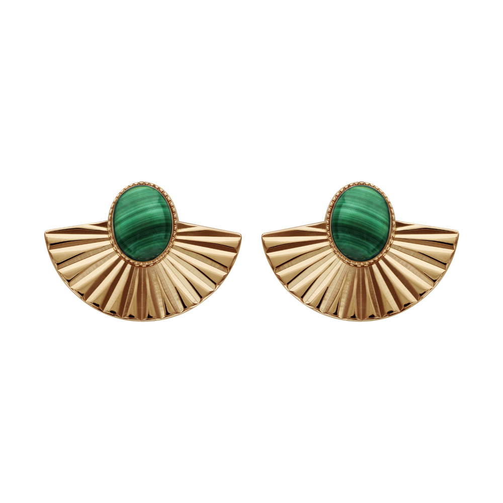 Boucles d&rsquo;oreilles en plaqué or et pierre Malachite véritable avec drapé et fermoir poussette