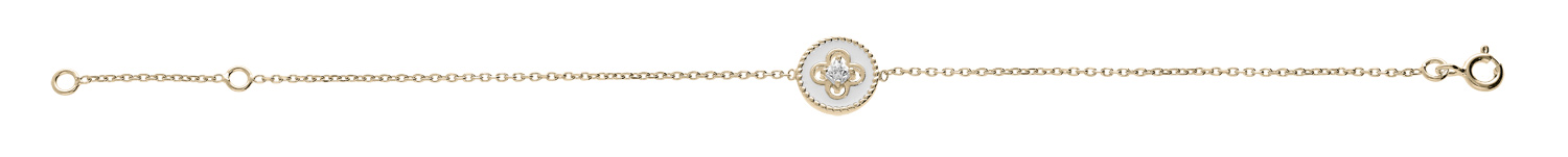 Bracelet en plaqué or chaîne avec pastille blanche motif croix et oxydes blancs sertis 16+2cm