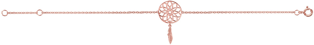 Bracelet en plaqué or rose chaîne avec 1 attrape rêve avec 1 plume suspendue au milieu – longueur 16cm + 2cm de rallonge