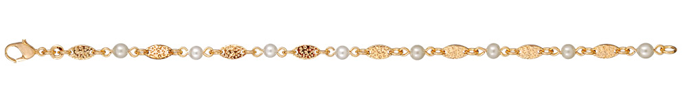 Bracelet en plaqué or alternance de petites navettes ouvragées et de perles blanches synthétiques – longueur 19,5cm