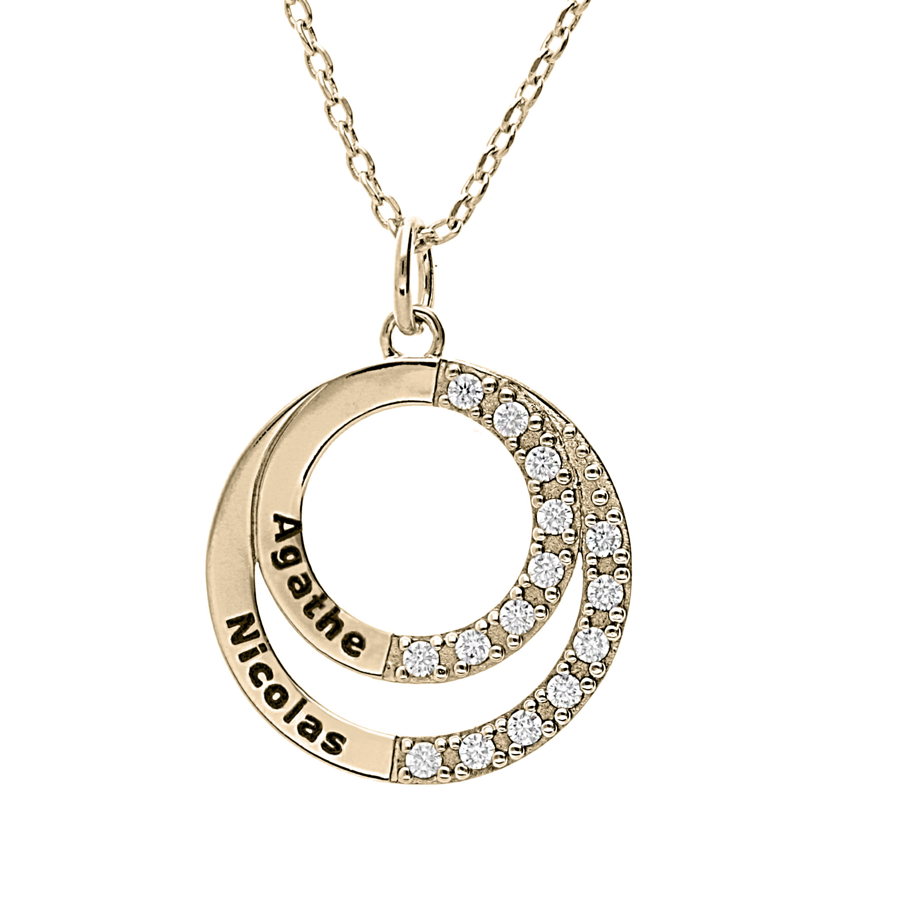Collier en plaqué or double cercle prénoms à graver avec oxydes blancs sertis 42+3cm