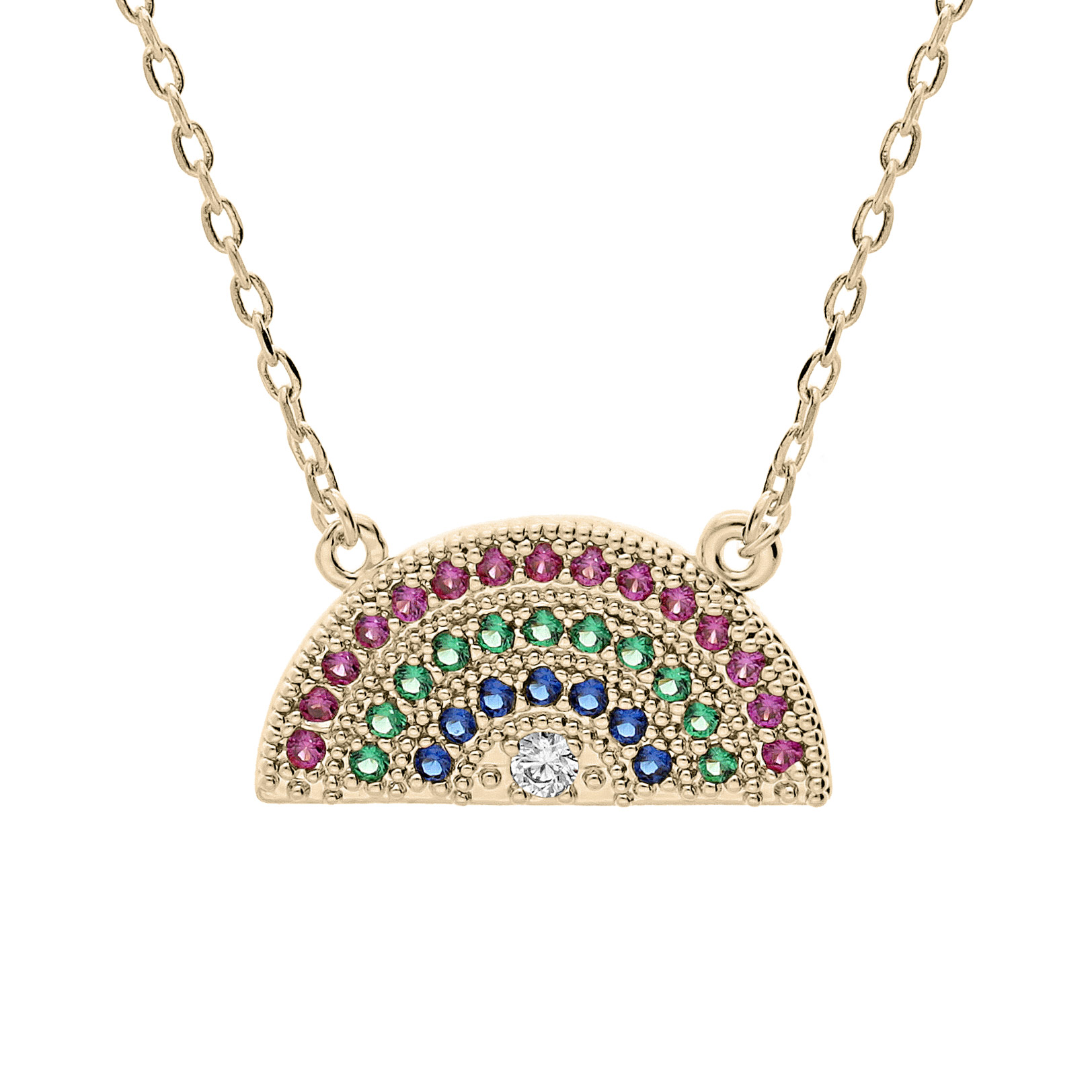 Collier en plaqué or chaîne avec demi rond pavé d’oxydes roses, verts et bleus 40+5cm