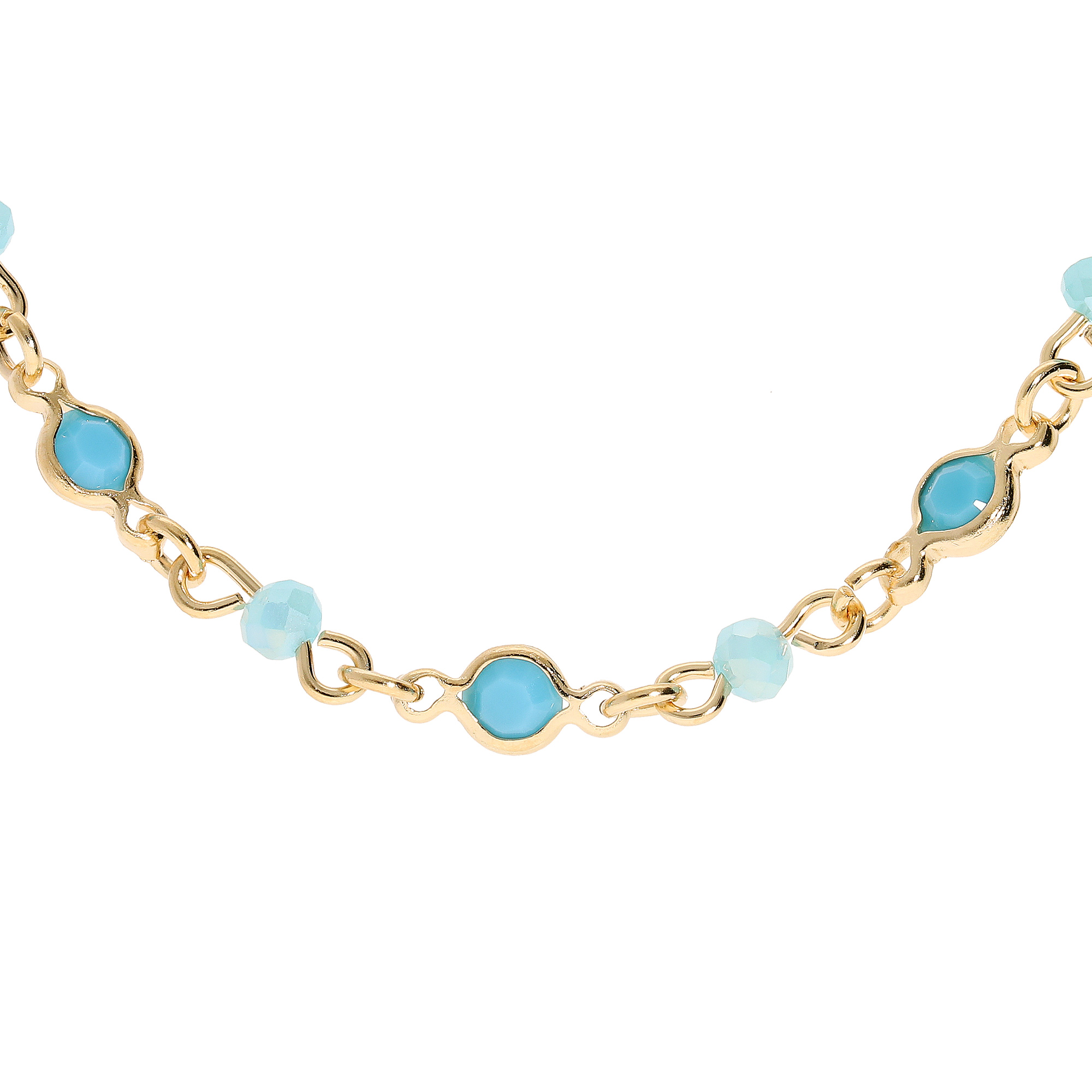 Collier en plaqué or tutti frutti navettes bleues et perles bleues 40+5cm