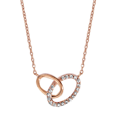 Collier en plaqué or rose chaîne avec pendentif 2 anneaux ovales de taille différente emmaillés, 1 petit lisse et le gros orné d’oxydes blancs sertis – longueur 40cm + 4cm de rallonge