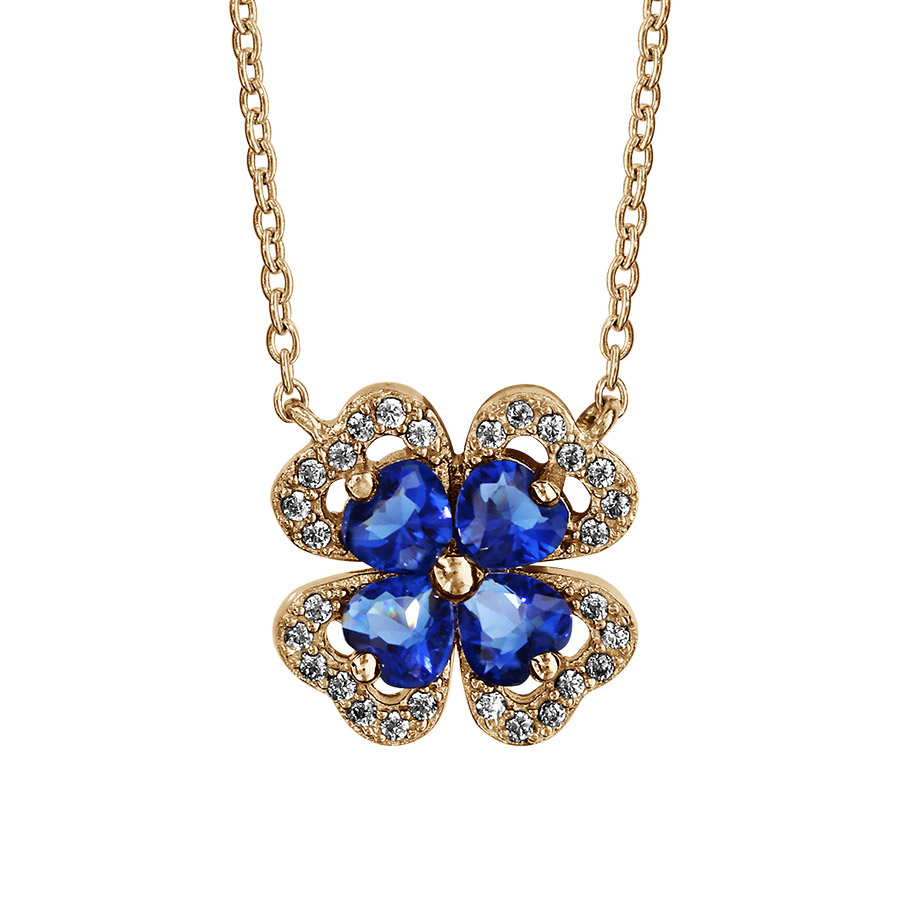 Collier en plaqué or chaîne avec pendentif trèfle à 4 feuilles en oxydes bleus avec contours en oxydes blancs sertis – longueur 40cm + 4cm de rallonge