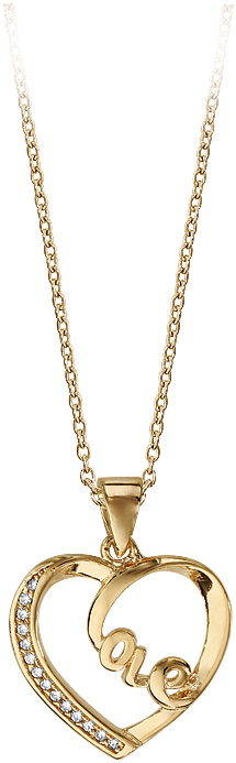 Collier en plaqué or chaîne avec pendentif coeur évidé avec boucle « Love » à l’intérieur et oxydes blancs sertis sur 1 côté – longueur 40cm + 5cm de rallonge