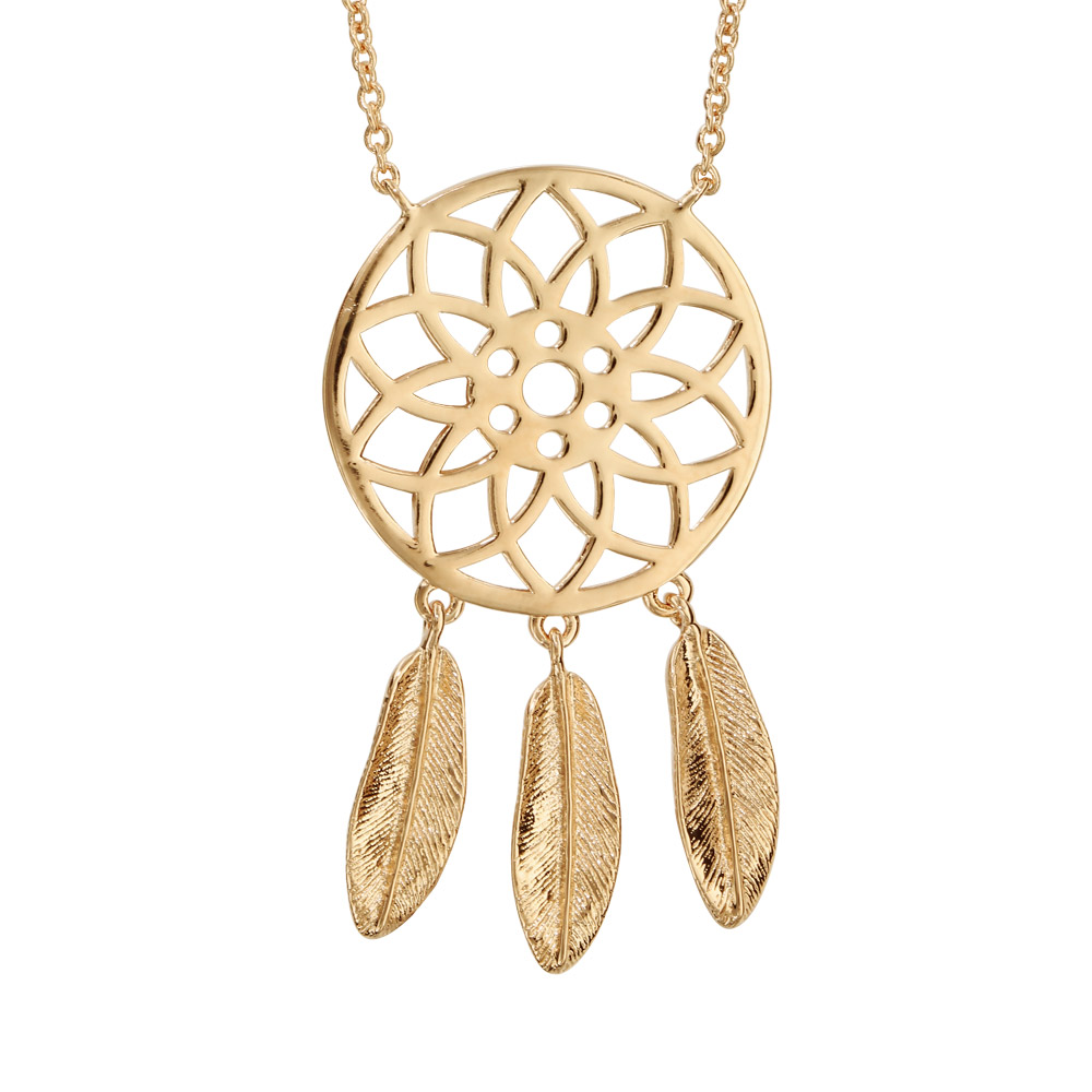 Collier en plaqué or chaîne avec pendentif attrape rêve ajouré et 3 plumes supendues – longueur 40cm + 4cm de rallonge