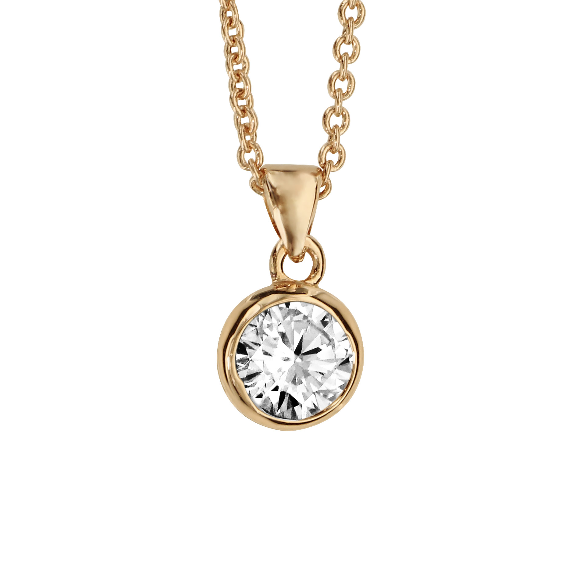 Collier en plaqué or chaîne avec pendentif oxyde blanc de 6mm serti clos – longueur 44cm