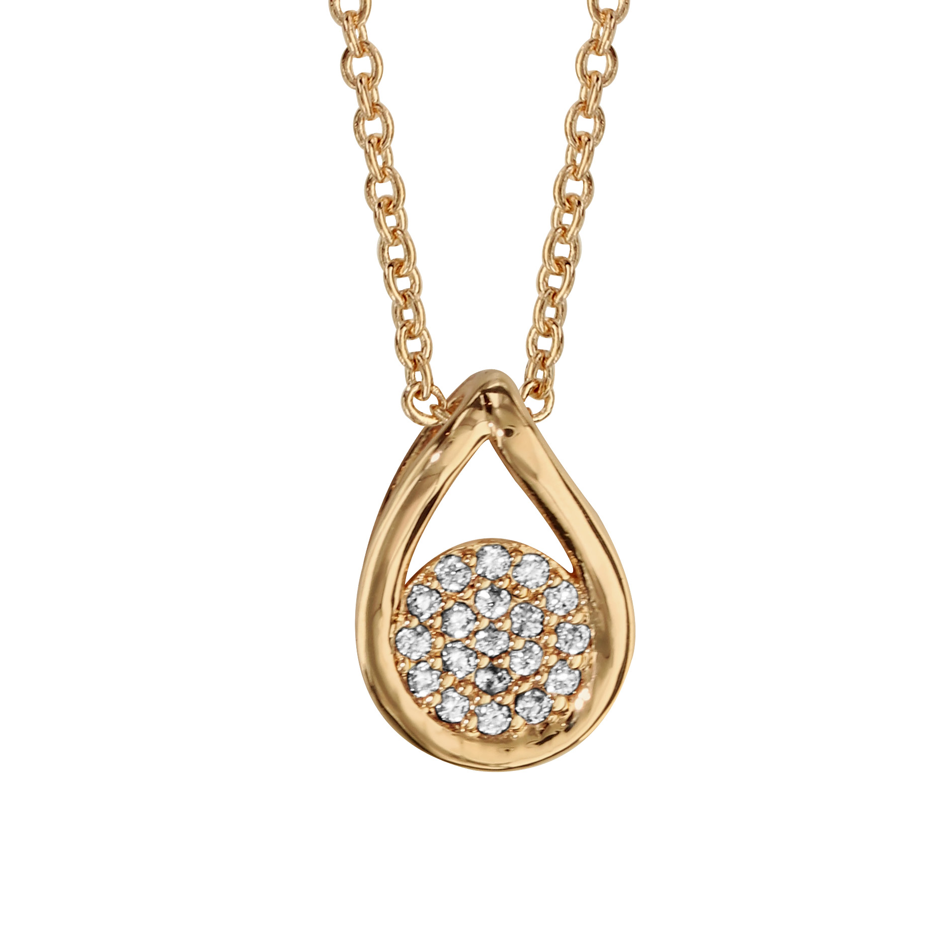 Collier en plaqué or chaîne avec pendentif goutte évidée avec rond pavé d’oxydes blancs à l’intérieur – longueur 40cm + 4cm de rallonge