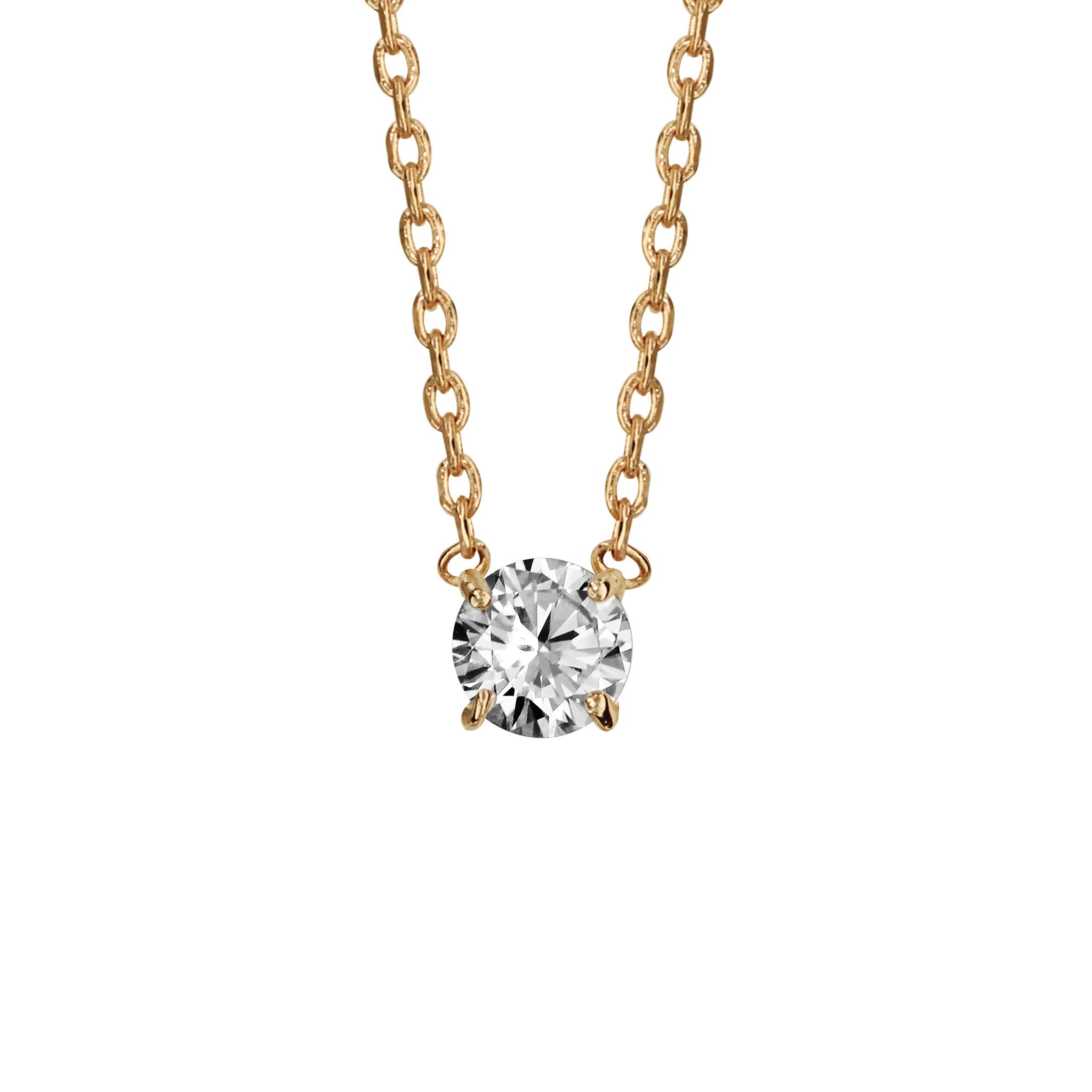 Collier en plaqué or chaîne avec pendentif oxyde blanc de 4mm serti 4 griffes – longueur 38cm + 4cm de rallonge