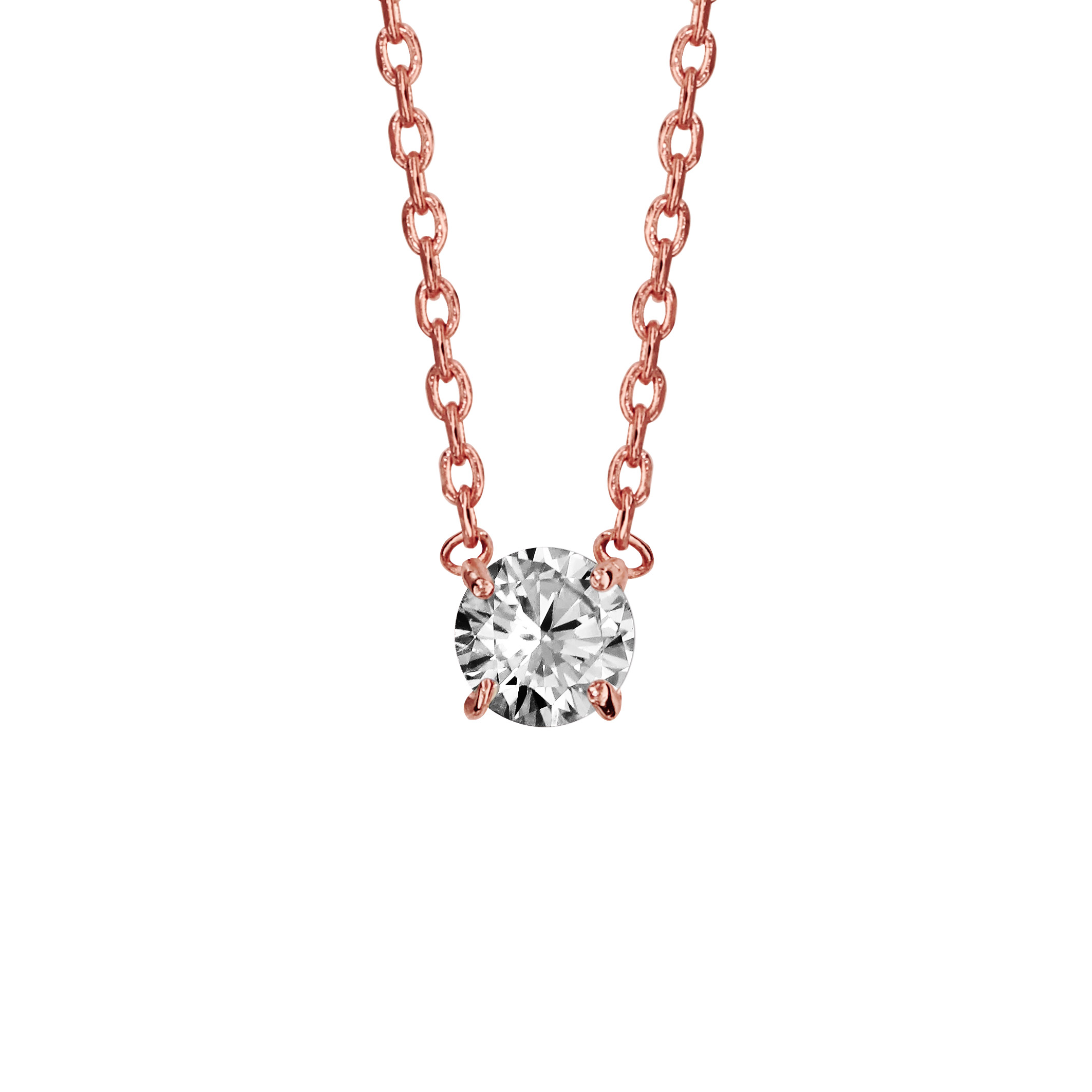 Collier en plaqué or rose chaîne avec pendentif oxyde blanc de 5mm serti 4 griffes – longueur 38cm + 4cm de rallonge