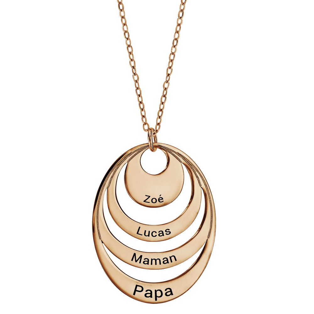 Collier en plaqué or chaîne avec pendentif 4 anneaux 4 prénoms à graver – longueur 40cm + 5cm de rallonge