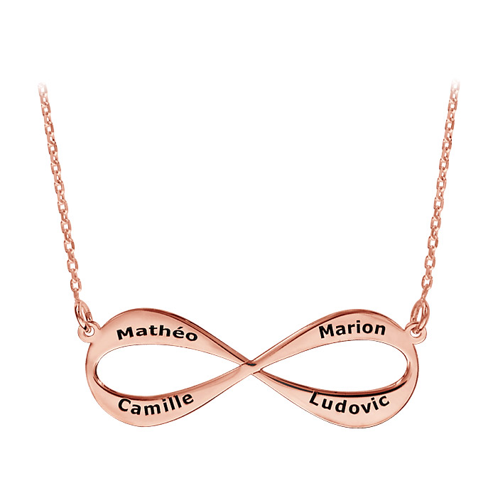 Collier en plaqué or rose chaîne avec pendentif infini à graver 3 ou 4 prénoms – longueur 40cm + 5cm de rallonge
