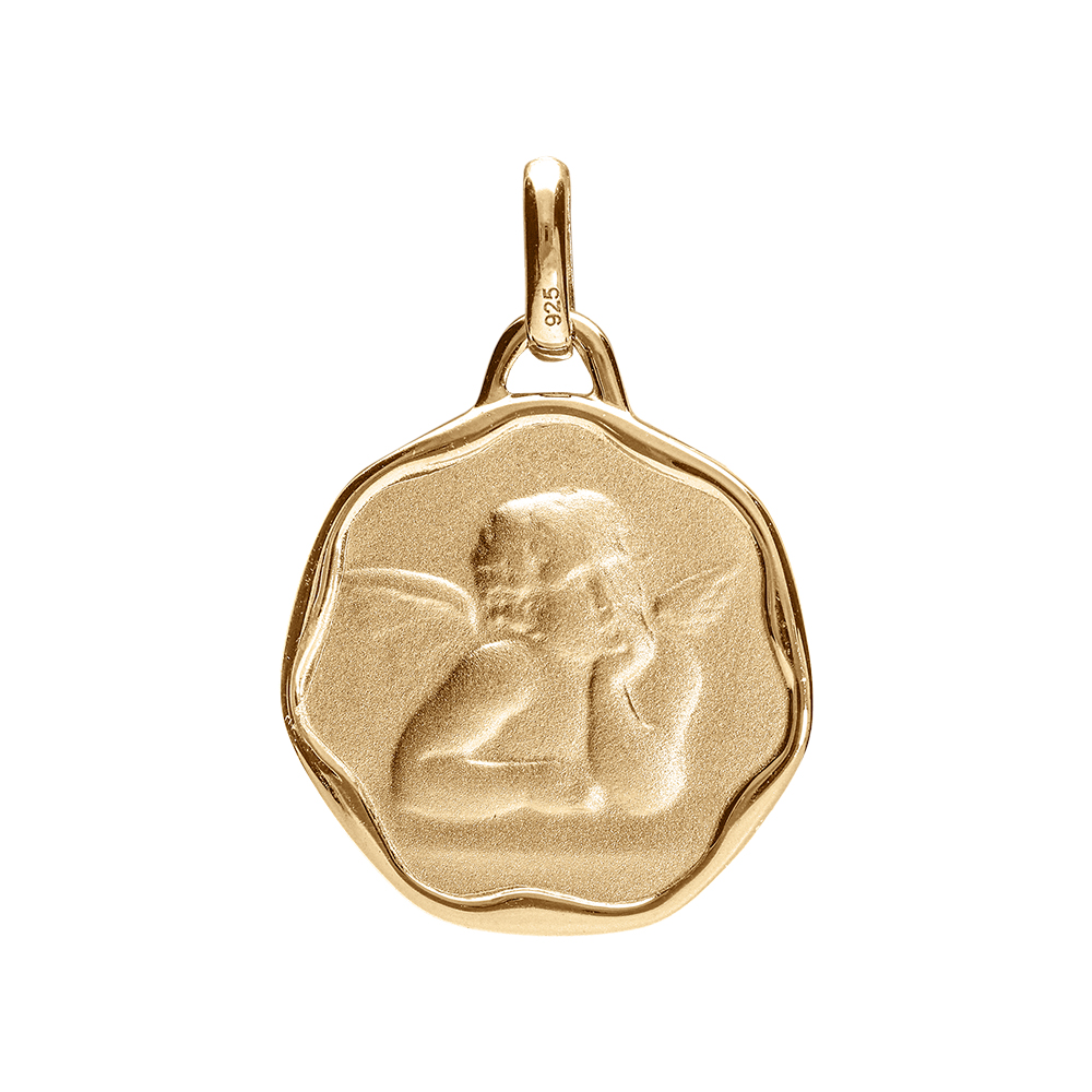 Pendentif médaille en plaqué or avec ange en relief avec bords gondolés