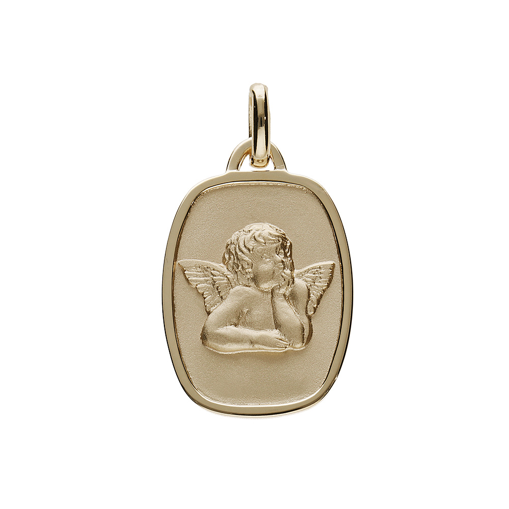 Pendentif médaille en plaqué or rectangle arrondi avec ange en relief