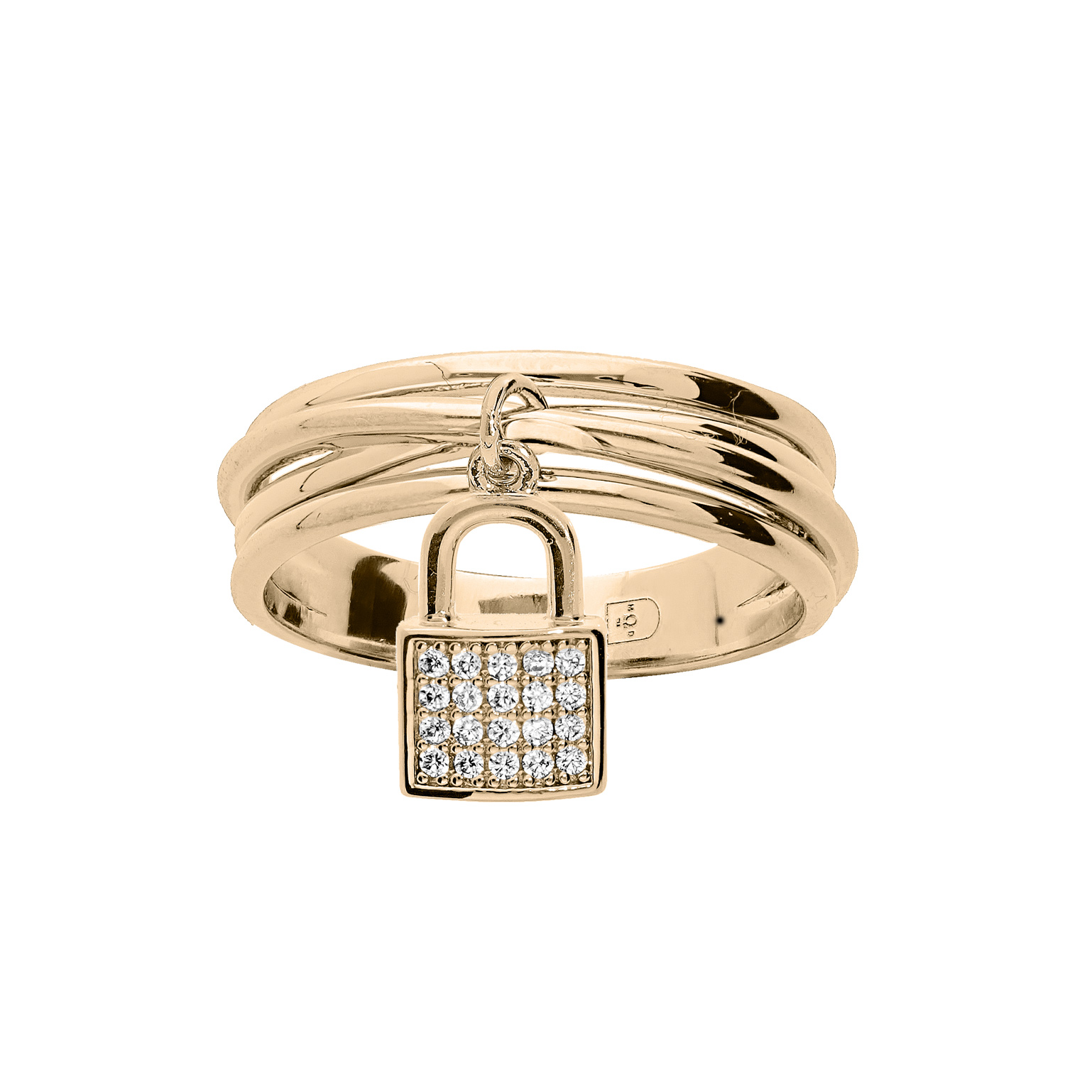 Bague en plaqué or avec pampille cadenas pavée d’oxydes blancs sertis