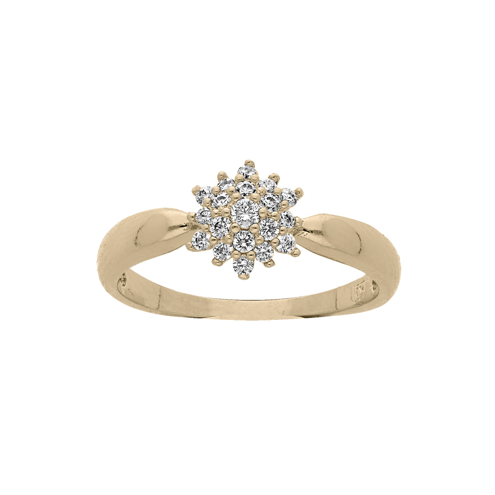 Bague en plaqué or solitaire forme de fleur avec oxydes blancs sertis