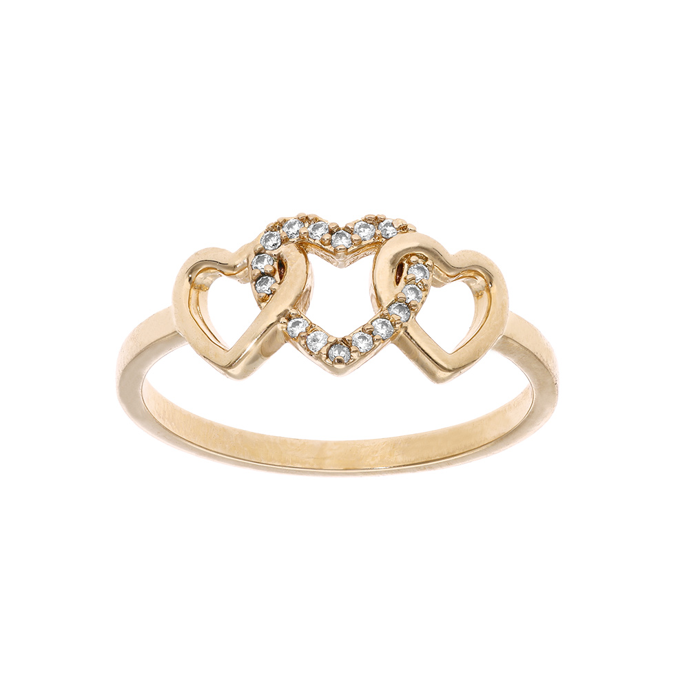 Bague en plaqué or 3 coeurs entrelacés 1 lisse et 2 avec oxydes blancs sertis