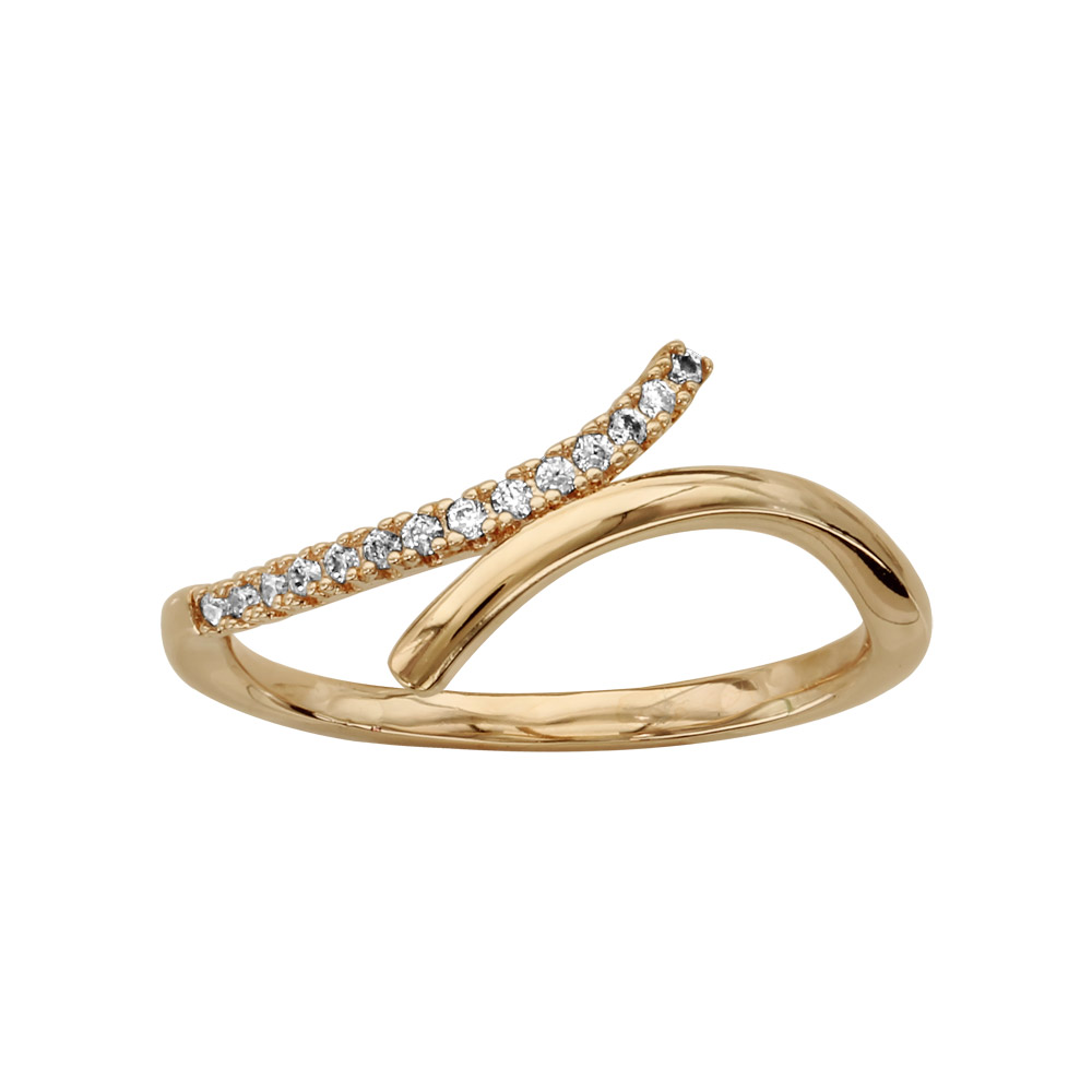 Bague en plaqué or brin qui fait le tour avec extrémités en sens inverse dont 1 lisse et l’autre ornée d’oxydes blancs sertis