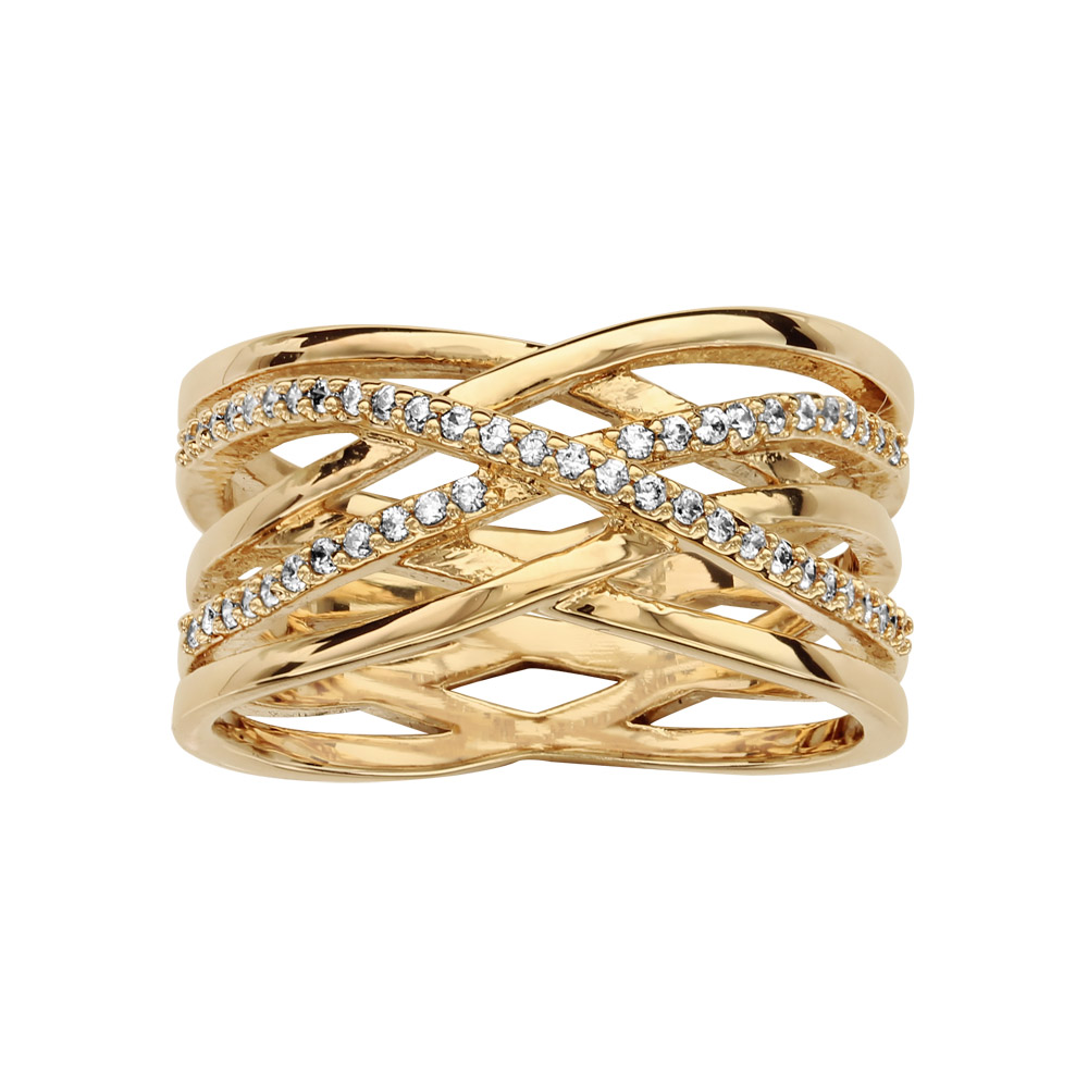 Bague en plaqué or large avec anneaux entrelacés et croix d&rsquo;oxydes blancs sertis