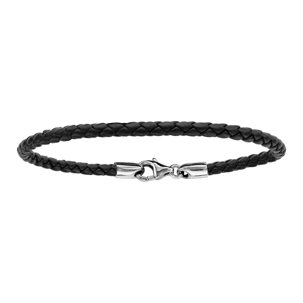 Bracelet en cuir noir tressé pour charms et fermoir en argent rhodié – longueur 17,5cm