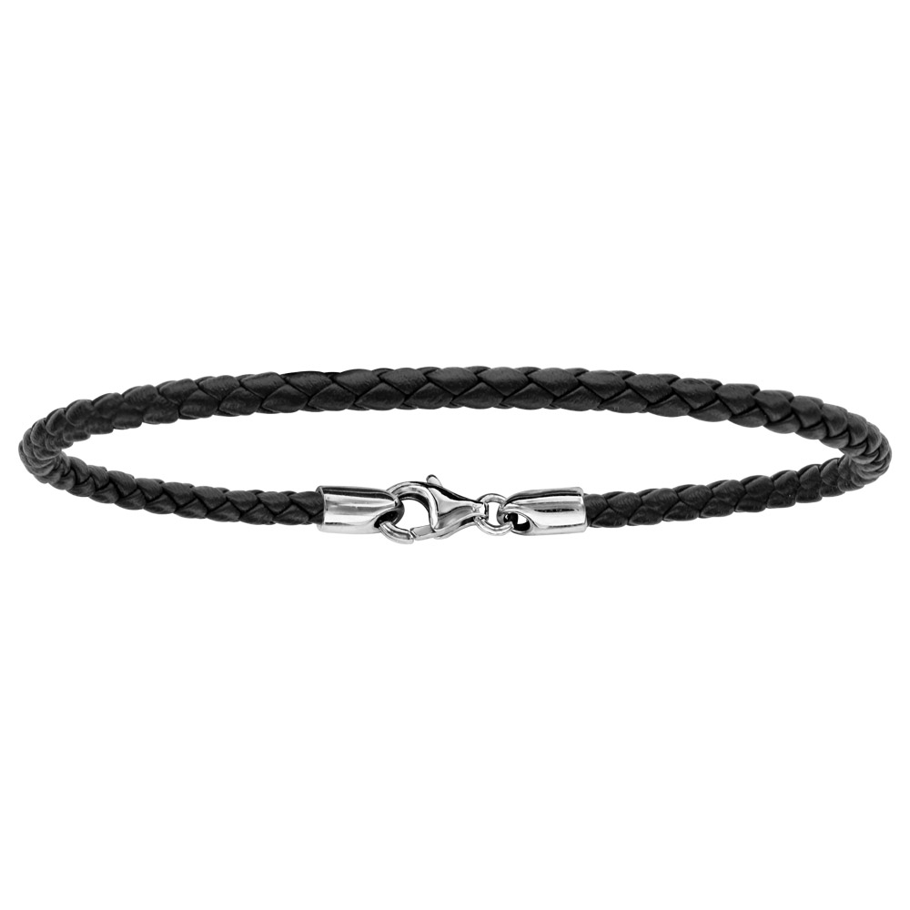 Bracelet en cuir noir tressé pour charms et fermoir en argent rhodié – longueur 21cm