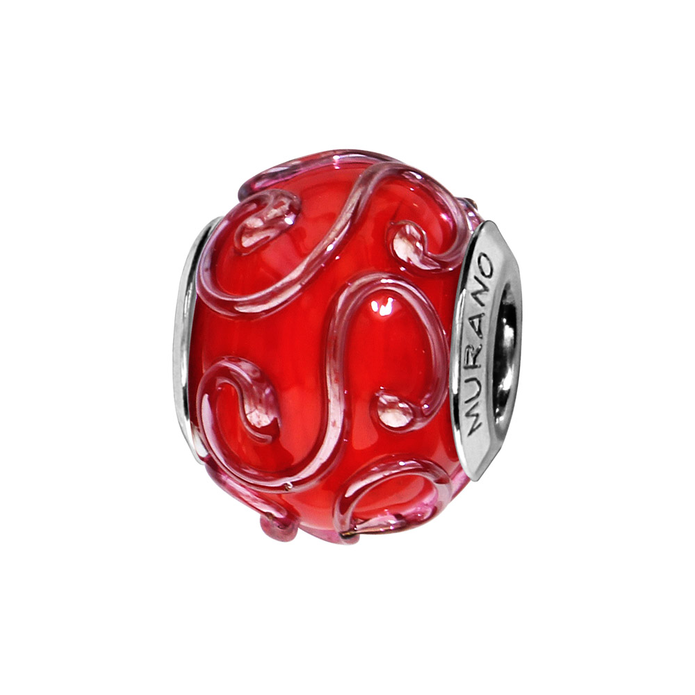 Charms Thabora en argent rhodié et verre de Murano véritable rouge avec S en relief