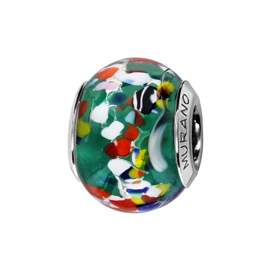 Charms Thabora en argent rhodié et verre de Murano véritable vert moucheté rouge, blanc, noir, jaune, rose et bleu