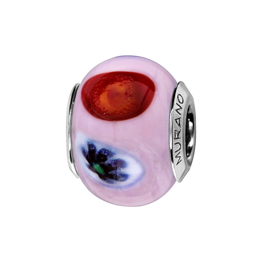 Charms Thabora en argent rhodié et verre de Murano véritable rose pâle avec taches colorées