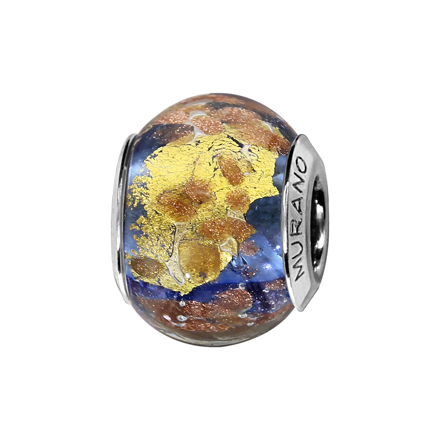 Charms Thabora en argent rhodié et verre de Murano véritable bleu avec feuilles dorées et moucheté cuivré