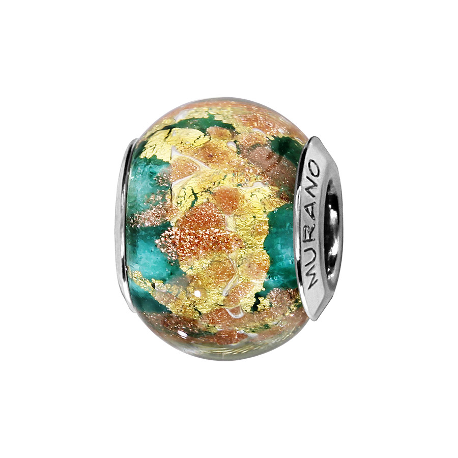 Charms Thabora en argent rhodié et verre de Murano véritable bleu-vert avec fuille dorée et moucheté cuivré