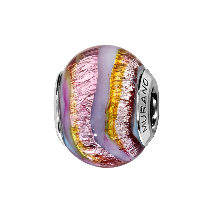 Charms Thabora en argent rhodié et verre de Murano véritable rose avec feuille argentée et zébrures violettes et jaunes
