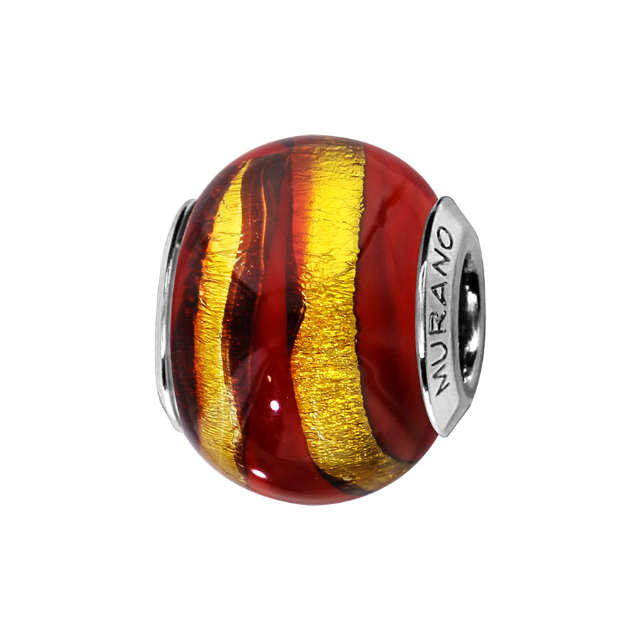 Charms Thabora en argent rhodié et verre de Murano véritable rouge zébré doré
