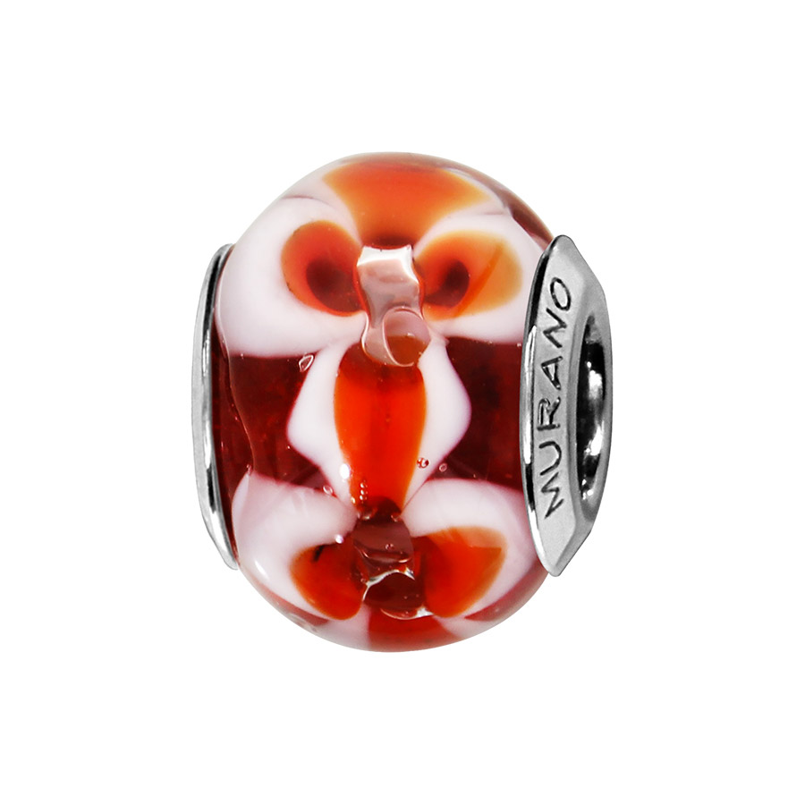 Charms Thabora en argent rhodié et verre de Murano véritable rouge avec fleurs rouge orangé et blanches