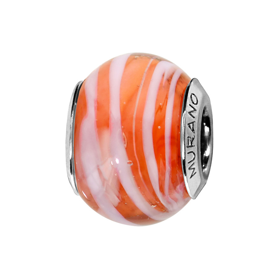 Charms Thabora en argent rhodié et verre de Murano véritable orange zébré blanc