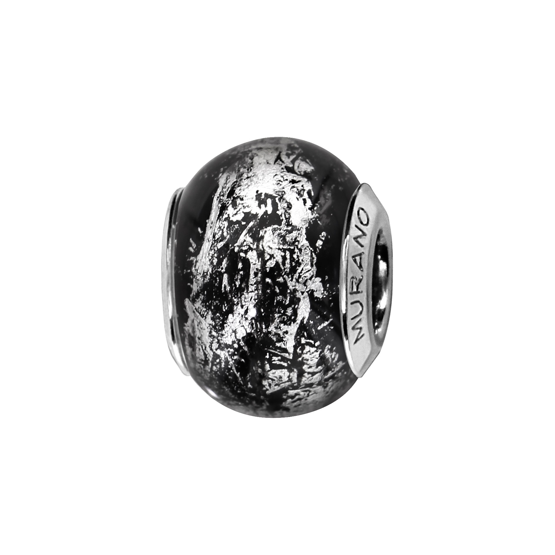 Charms Thabora en argent rhodié et verre de Murano véritable noir avec effet givré argenté
