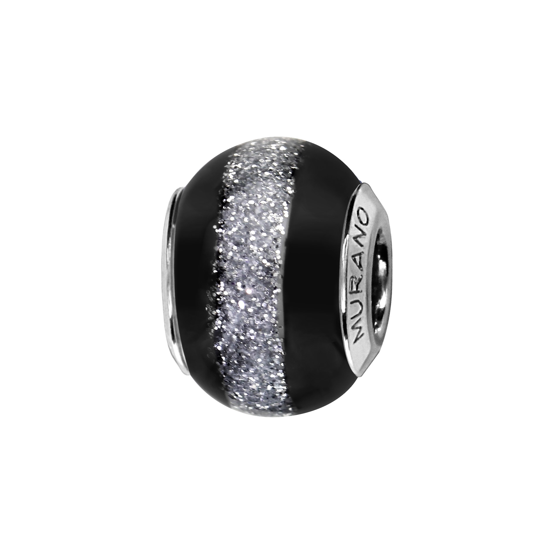 Charms Thabora en argent rhodié et verre de Murano véritable noir avec bande pailletée grise