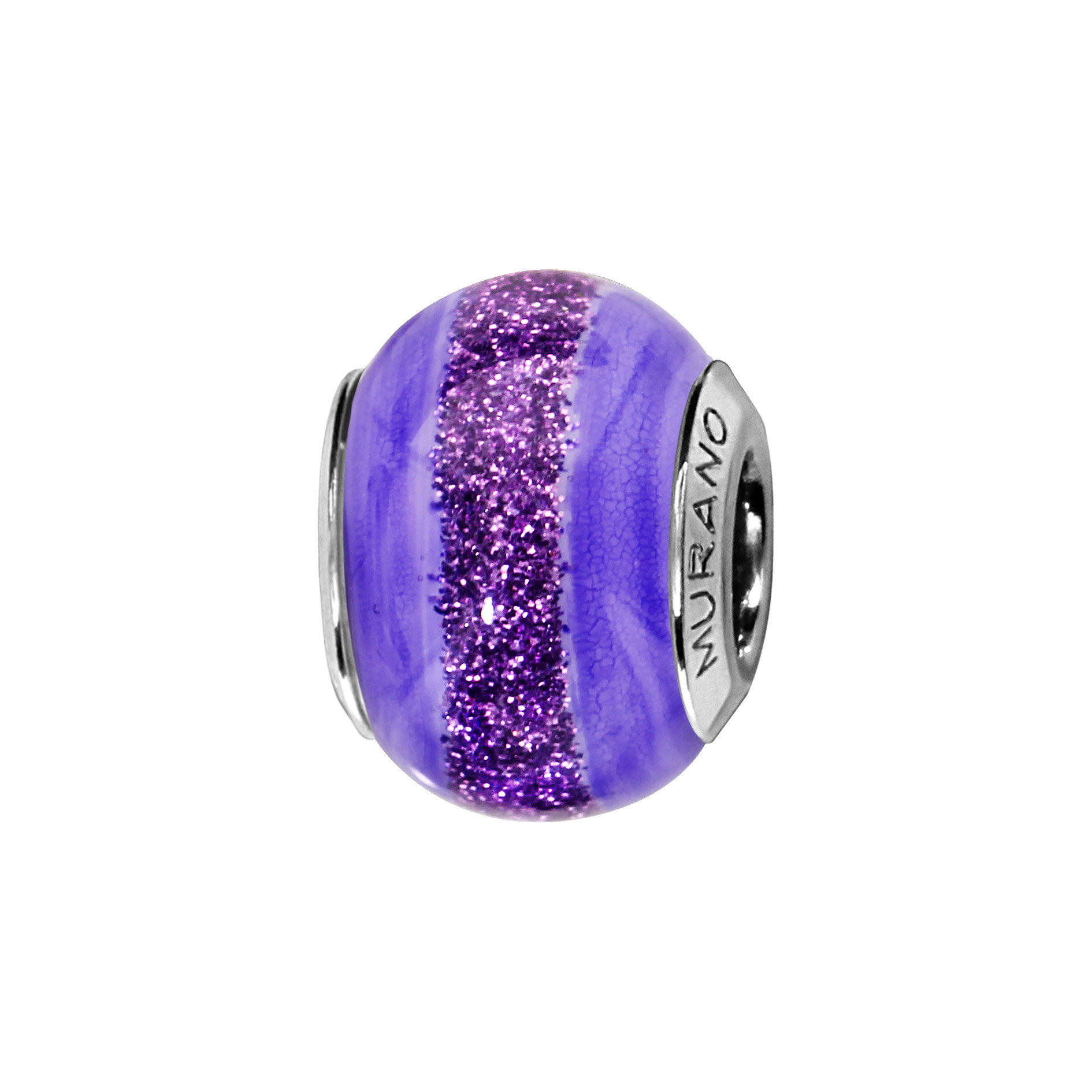 Charms Thabora en argent rhodié et verre de Murano véritable violet avec 1 bande pailletée au milieu