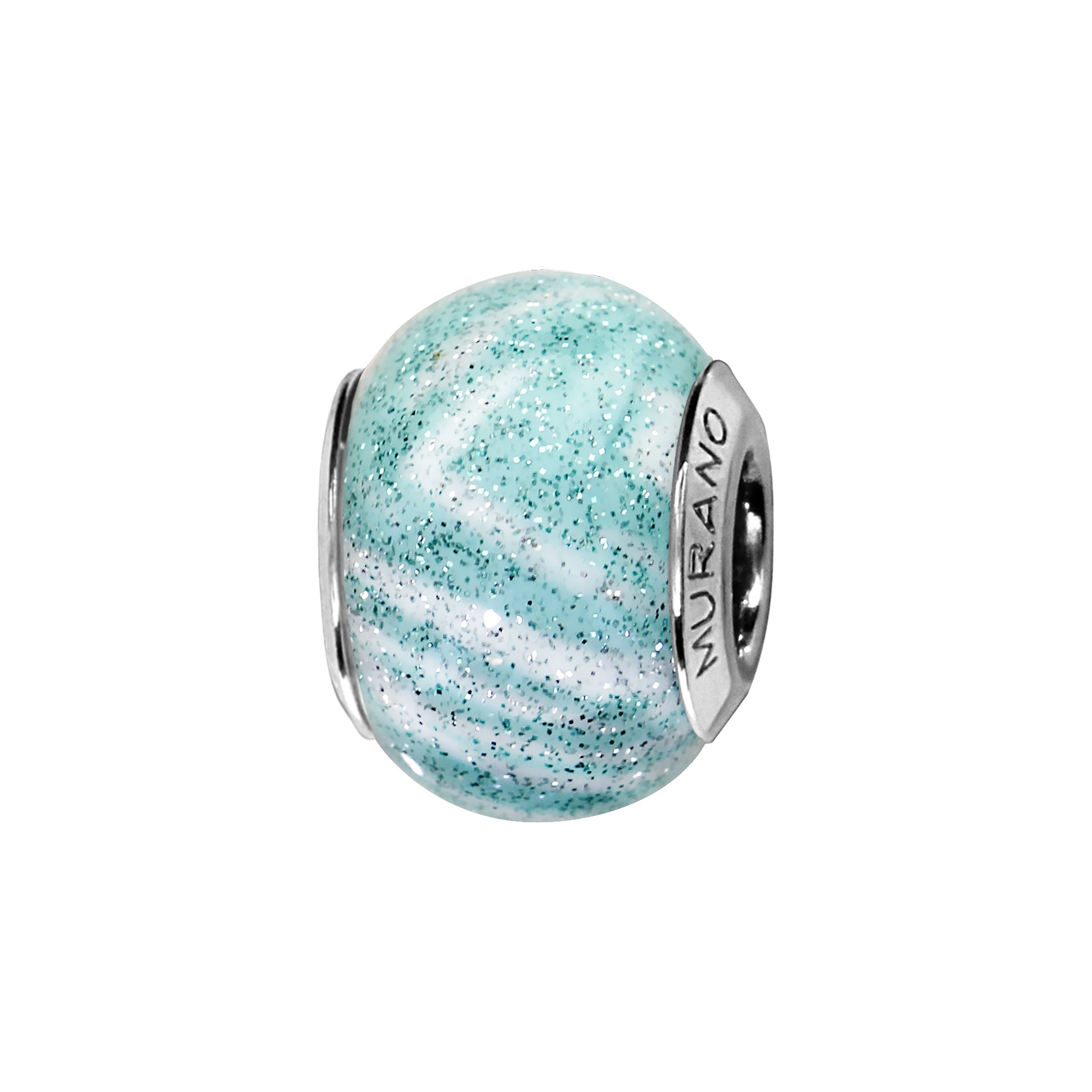 Charms Thabora en argent rhodié et verre de Murano véritable bleu pâle zébré blanc pailleté