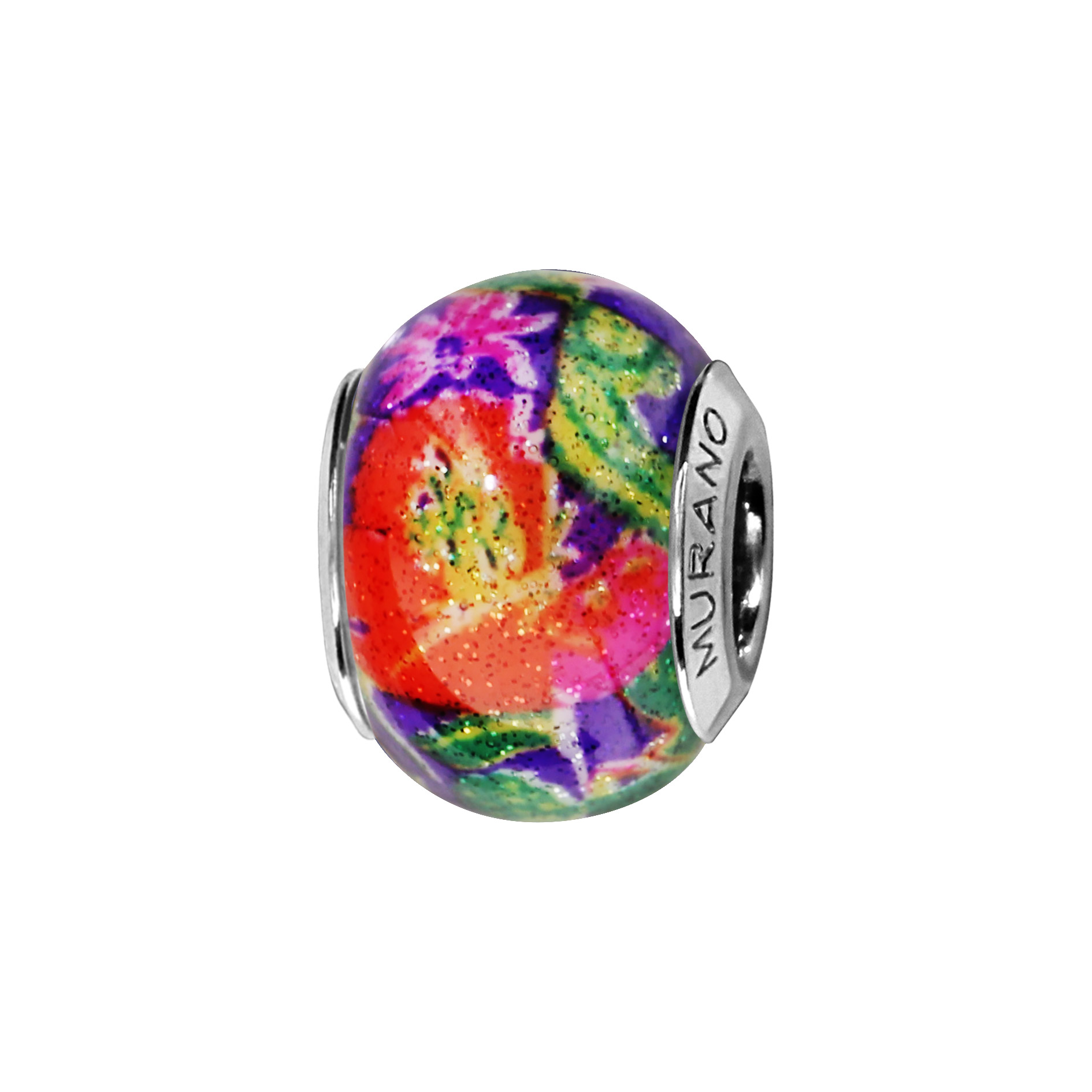 Charms Thabora en argent rhodié et verre de Murano véritable violet avec fleurs rouge orangé et jaunes et fleurs roses avec leurs tiges vertes et jaunes pailleté