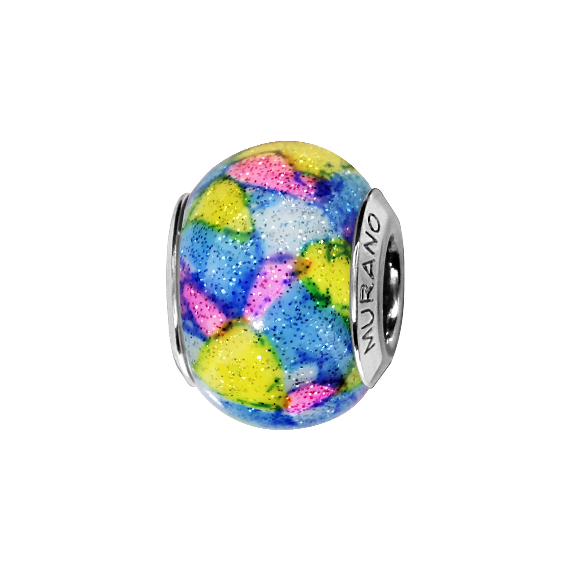 Charms Thabora en argent rhodié et verre de Murano véritable blanc décoré de taches roses, jaunes et bleues pailleté