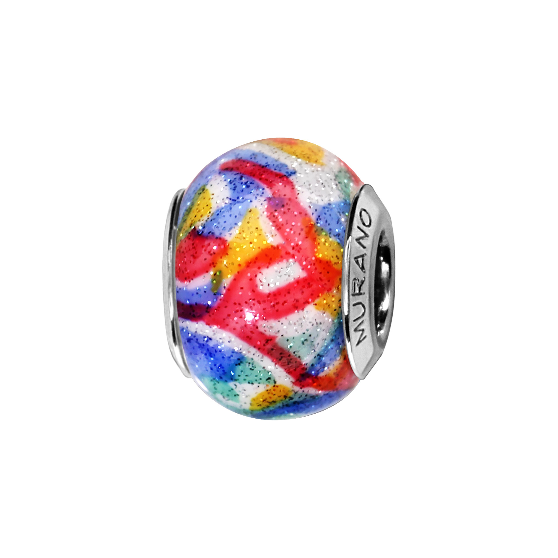 Charms Thabora en argent rhodié et verre de Murano véritable blanc avec touches de couleurs rouge, bleu, jaune et vert d’eau pailleté