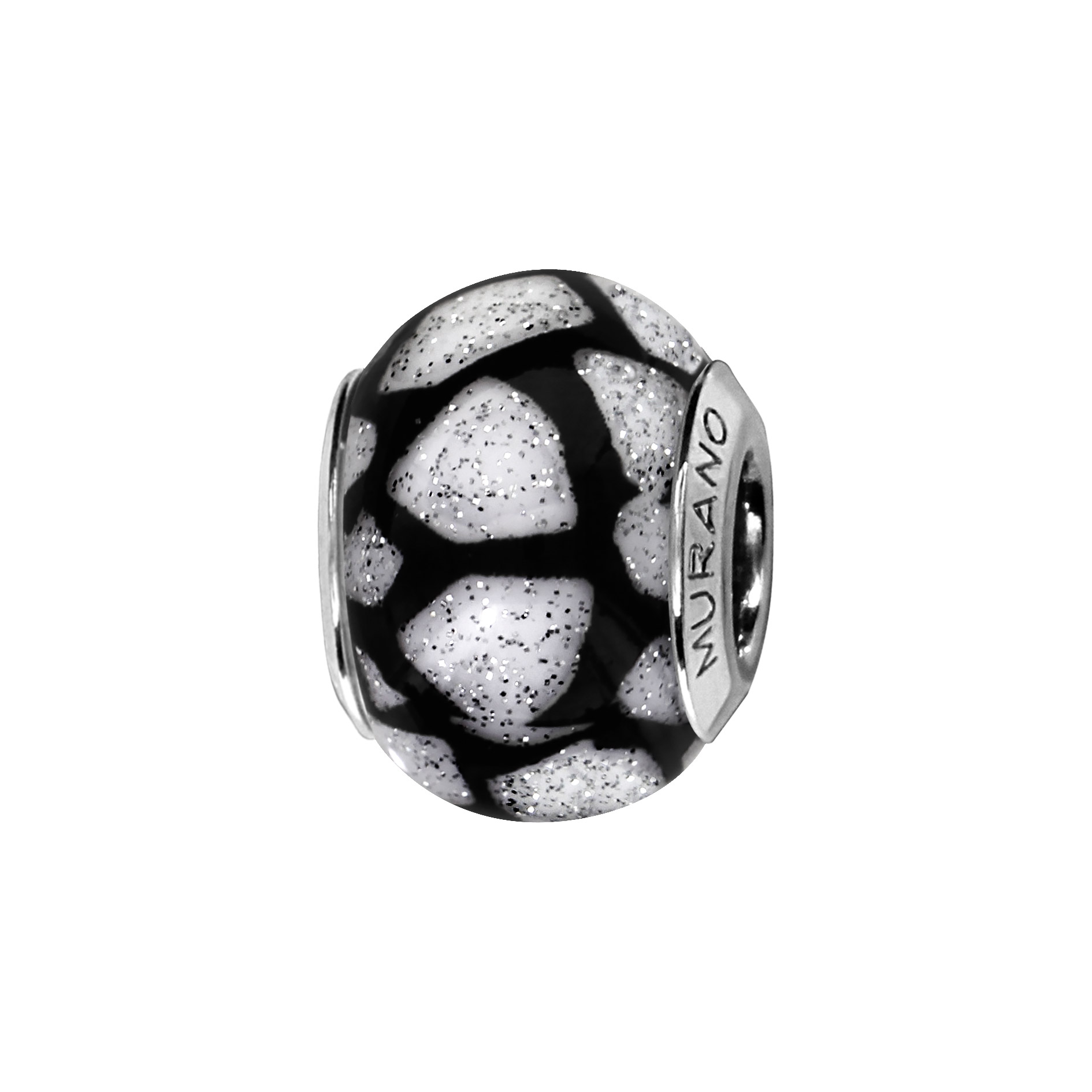 Charms Thabora en argent rhodié et verre de Murano véritable blanc avec quadrillage asymétrique noir et paillettes