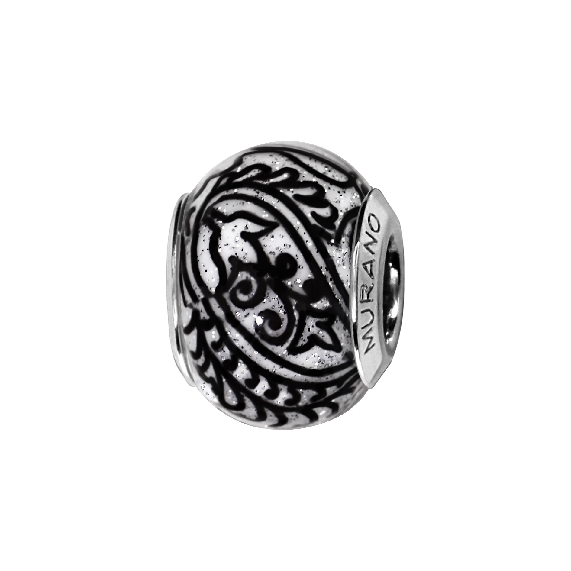 Charms Thabora en argent rhodié et verre de Murano véritable blanc décoré de branches noires et pailleté