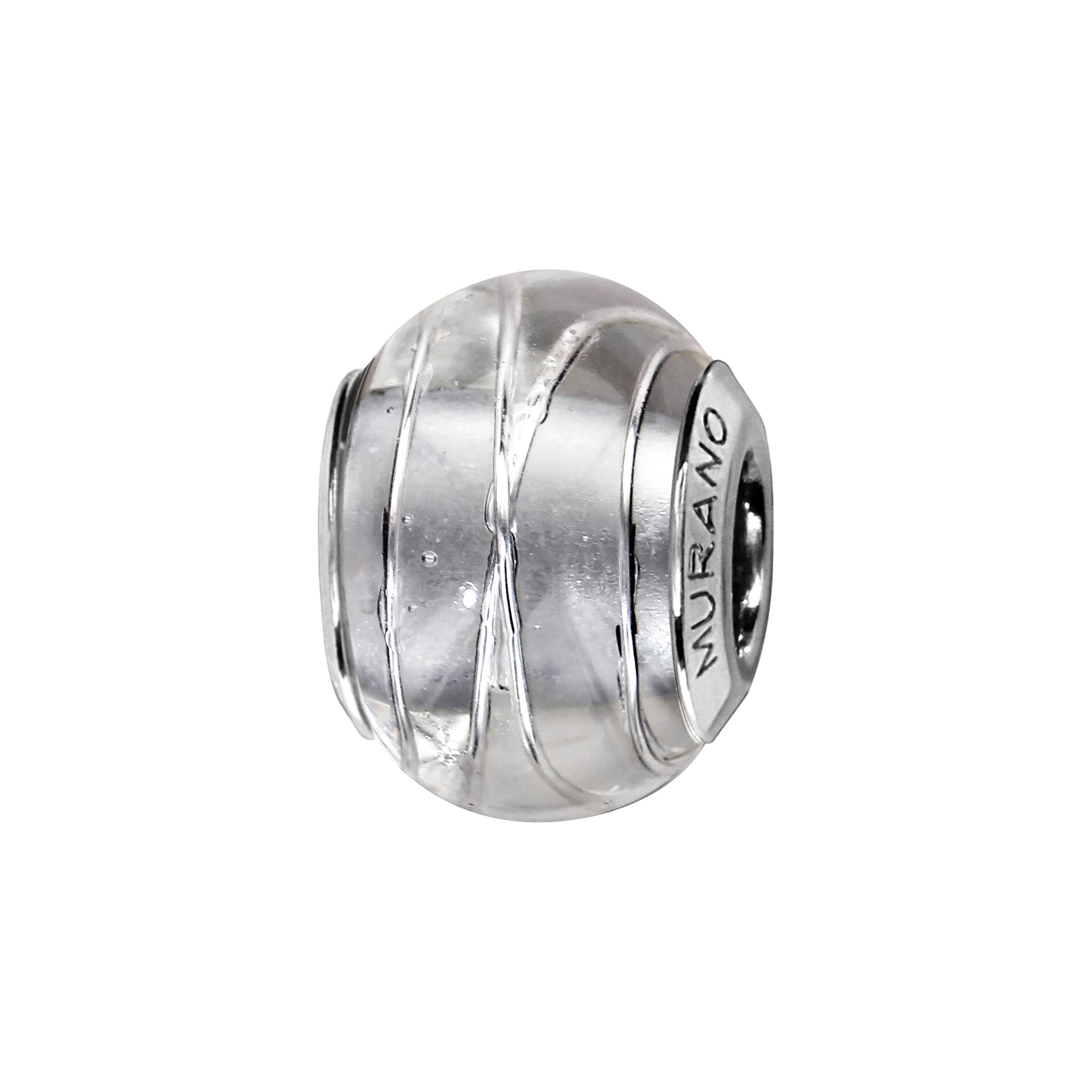 Charms Thabora en argent rhodié et verre de Murano véritable blanc et argenté avec filets