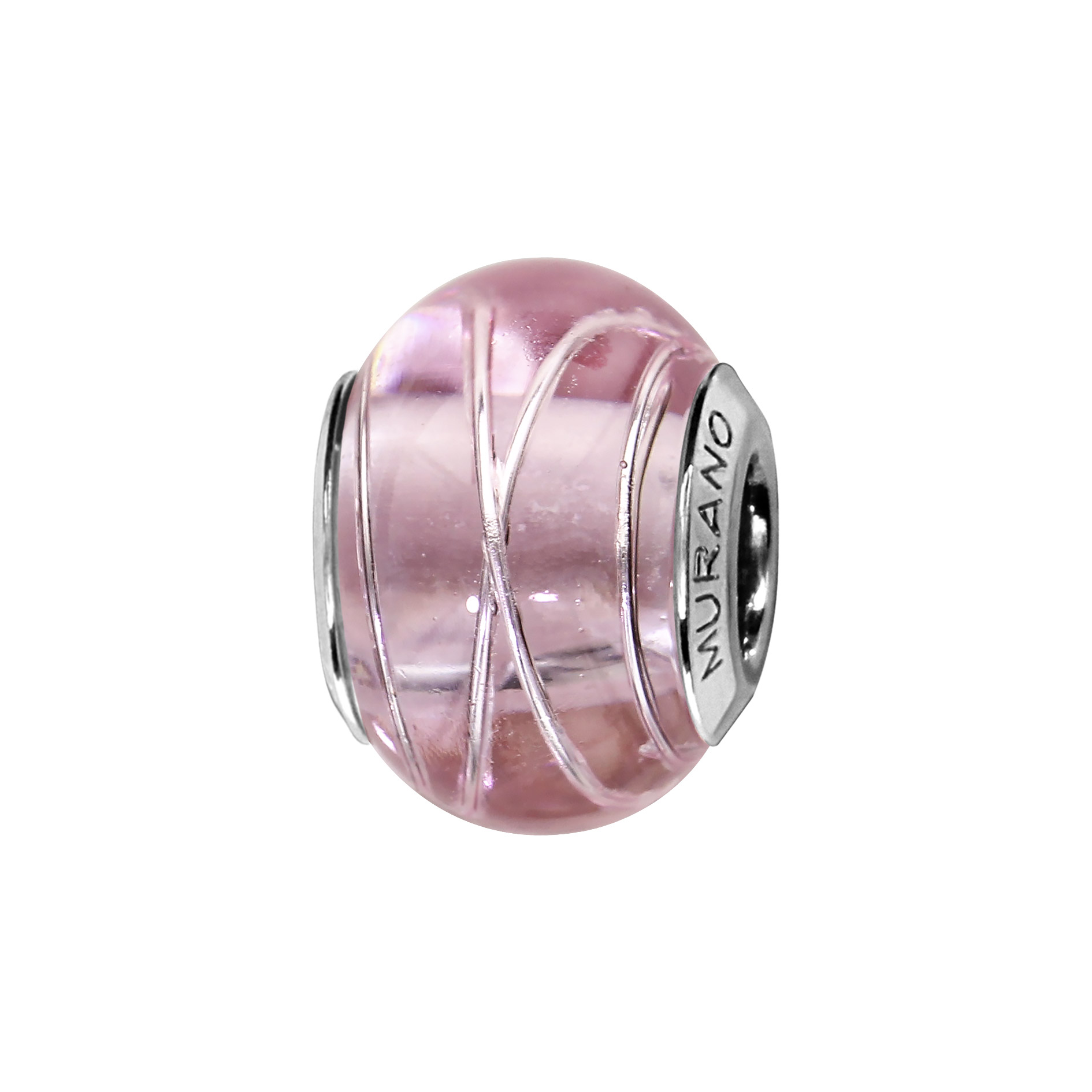Charms Thabora en argent rhodié et verre de Murano véritable rose avec filets argentes
