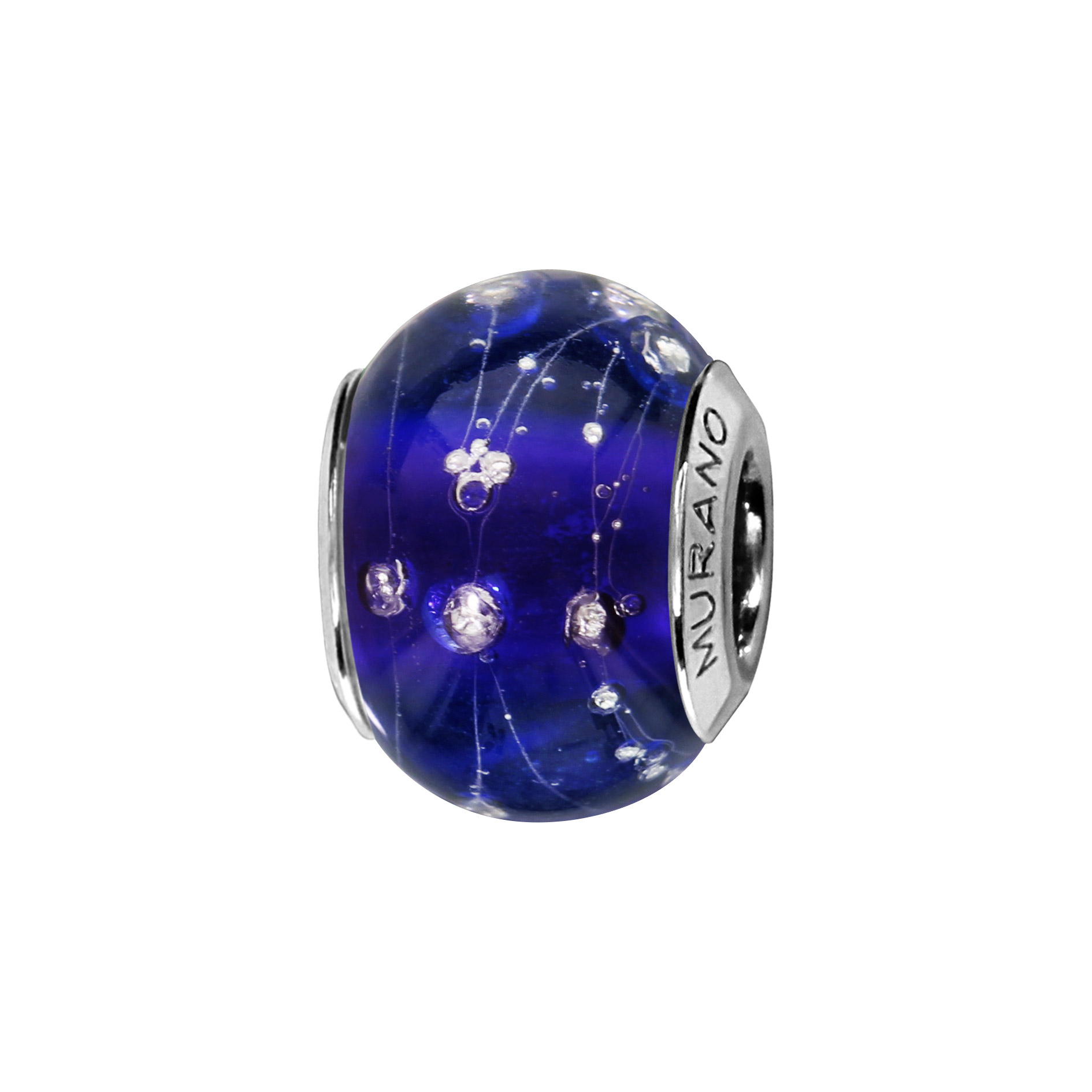 Charms Thabora en argent rhodié et verre de Murano véritable bleu foncé orné de fils et gouttes blancs