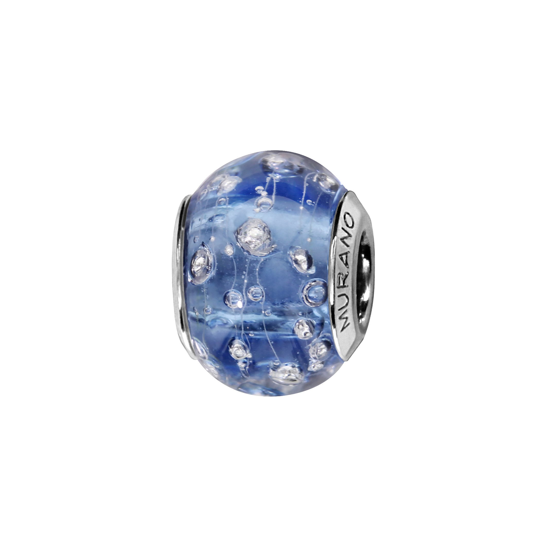 Charms Thabora en argent rhodié et verre de Murano véritable bleu orné de fils et gouttes argentés