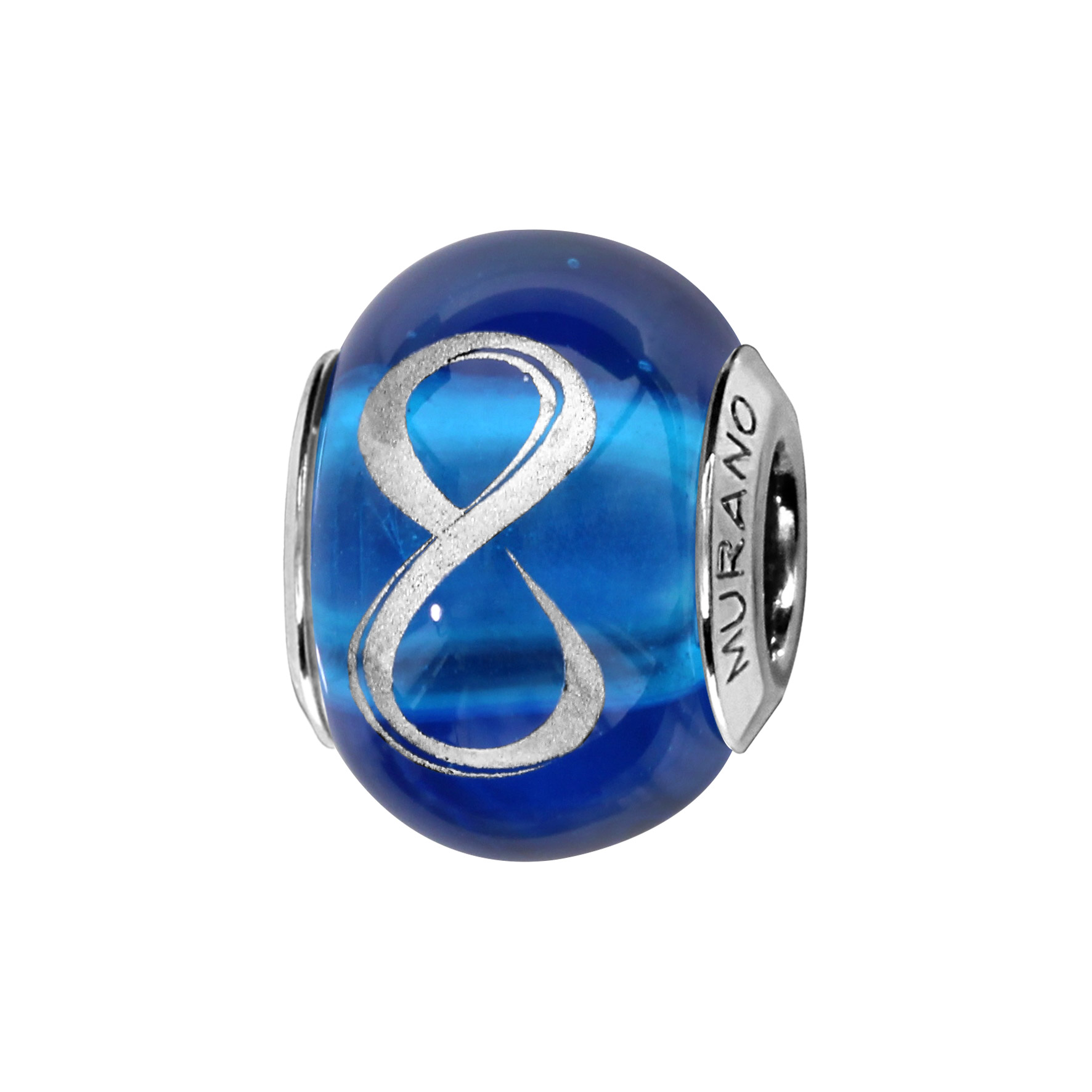 Charms Thabora en argent rhodié et verre de Murano véritable bleu avec symbole infini argenté