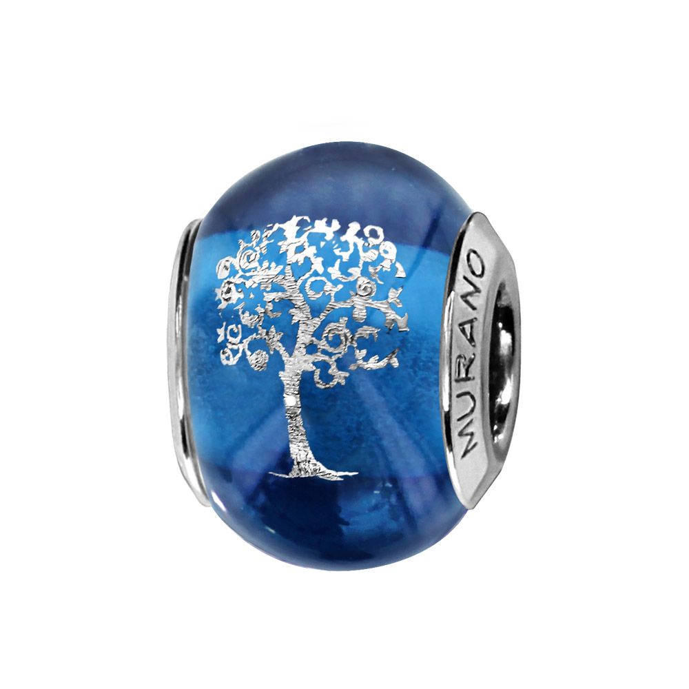 Charms Thabora en argent rhodié et verre de Murano véritable bleu avec arbre de vie argenté